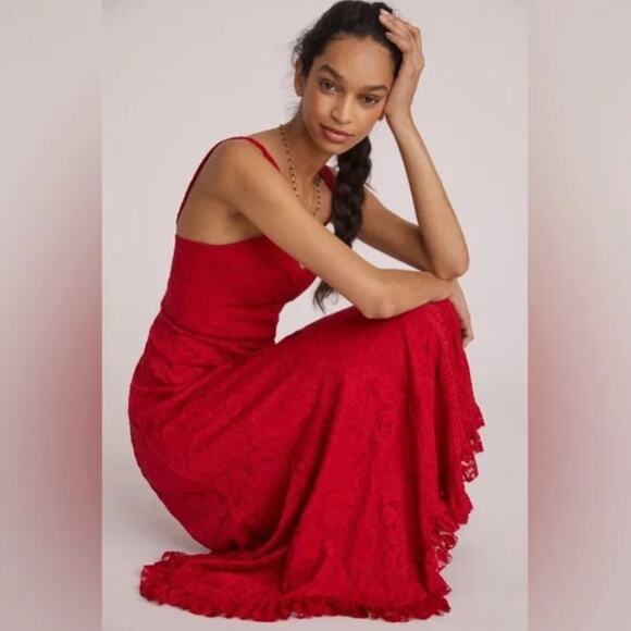 ANTHROPOLOGIE x HUTCH Seamed Lace Midi Dress Cherry Red Sz 0 {3M43} - Picture 1 of 4